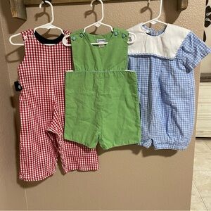 Set of Three vintage smocked Baby Rompers - Red, Green, Blue